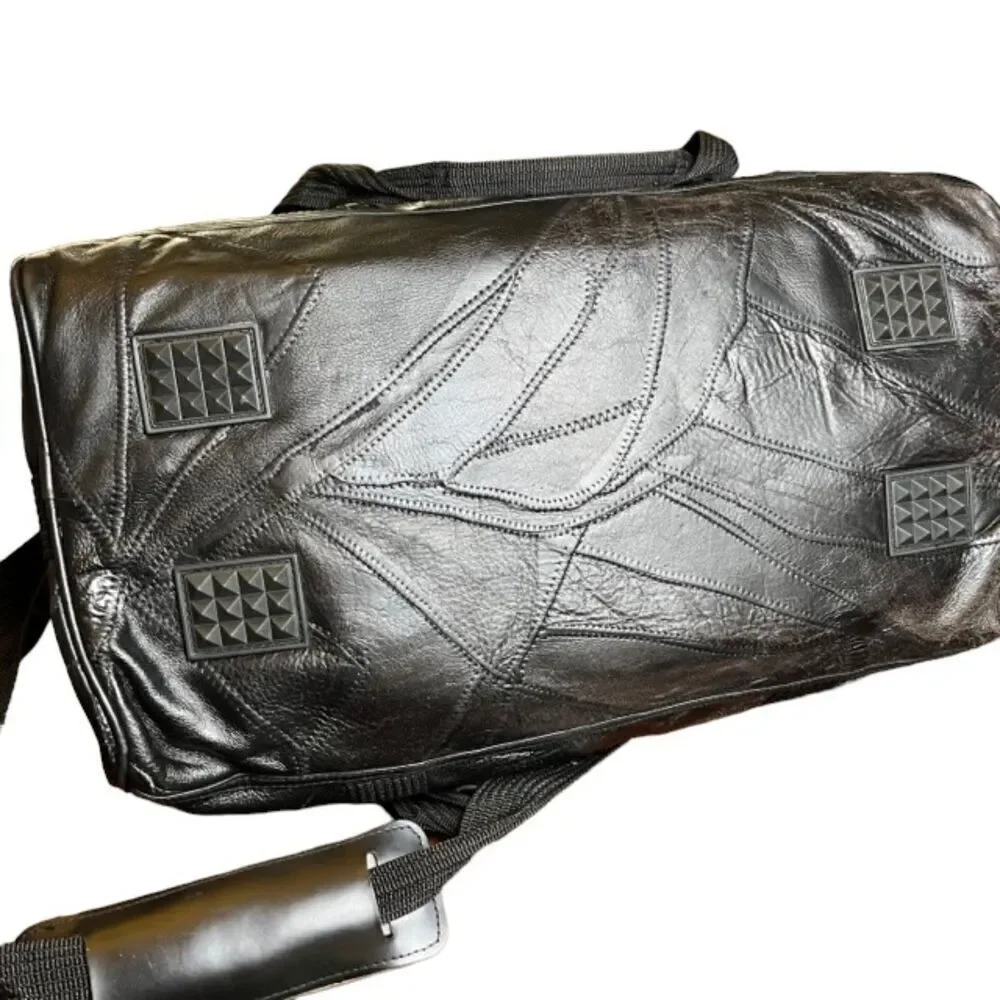 Patched Leather Weekender / Tote‎ Bag in Black Padded Shoulder strap and handle